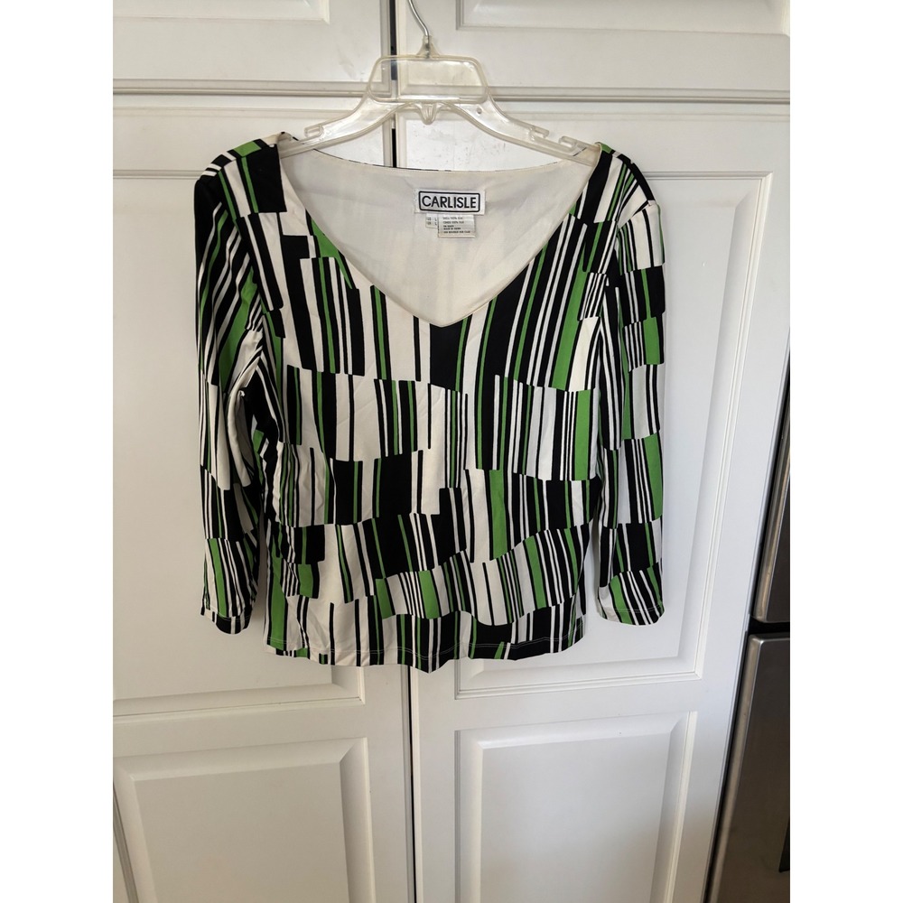 Carlisle Women Green Black White Geometric Abstract Stripe 100% Silk VNeck Top L